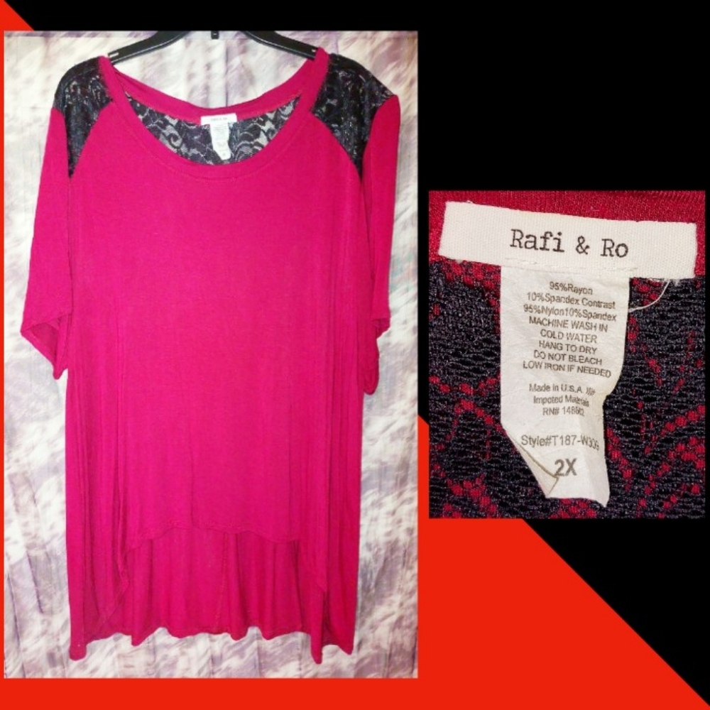 Ravi & Ro brand Burgundy w/Black Lace Hi-Lo Soft Knit Top Sz 2X(18/20)